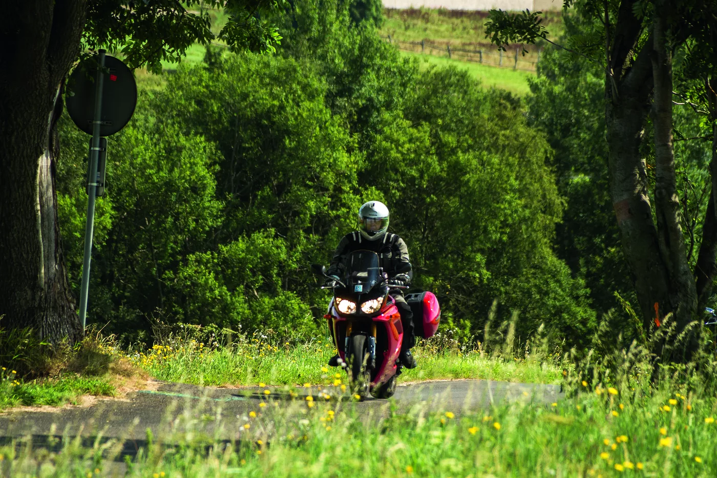 Motorrad auf einer schmalen Straße zwischen Wiesen und Büschen